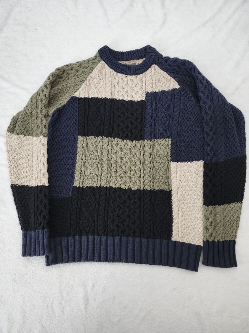 L.L. BEAN Men's Medium Chunky Cable Knit Fisherman Sweater Cotton Colorblock NWT